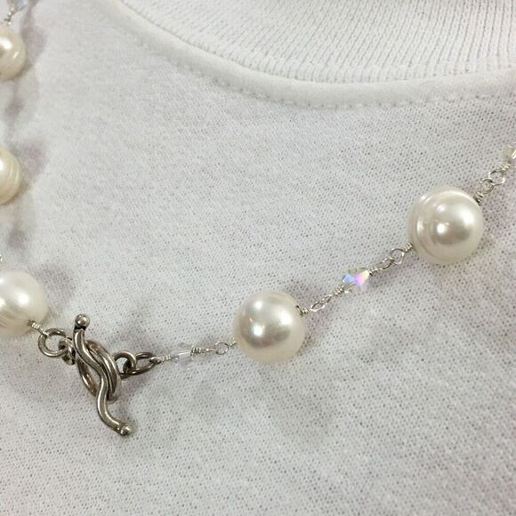 Baroque Pearl Necklace White Pearls AB Glass Beads Silver Tone Rosary Link 23in - Picture 9 of 10